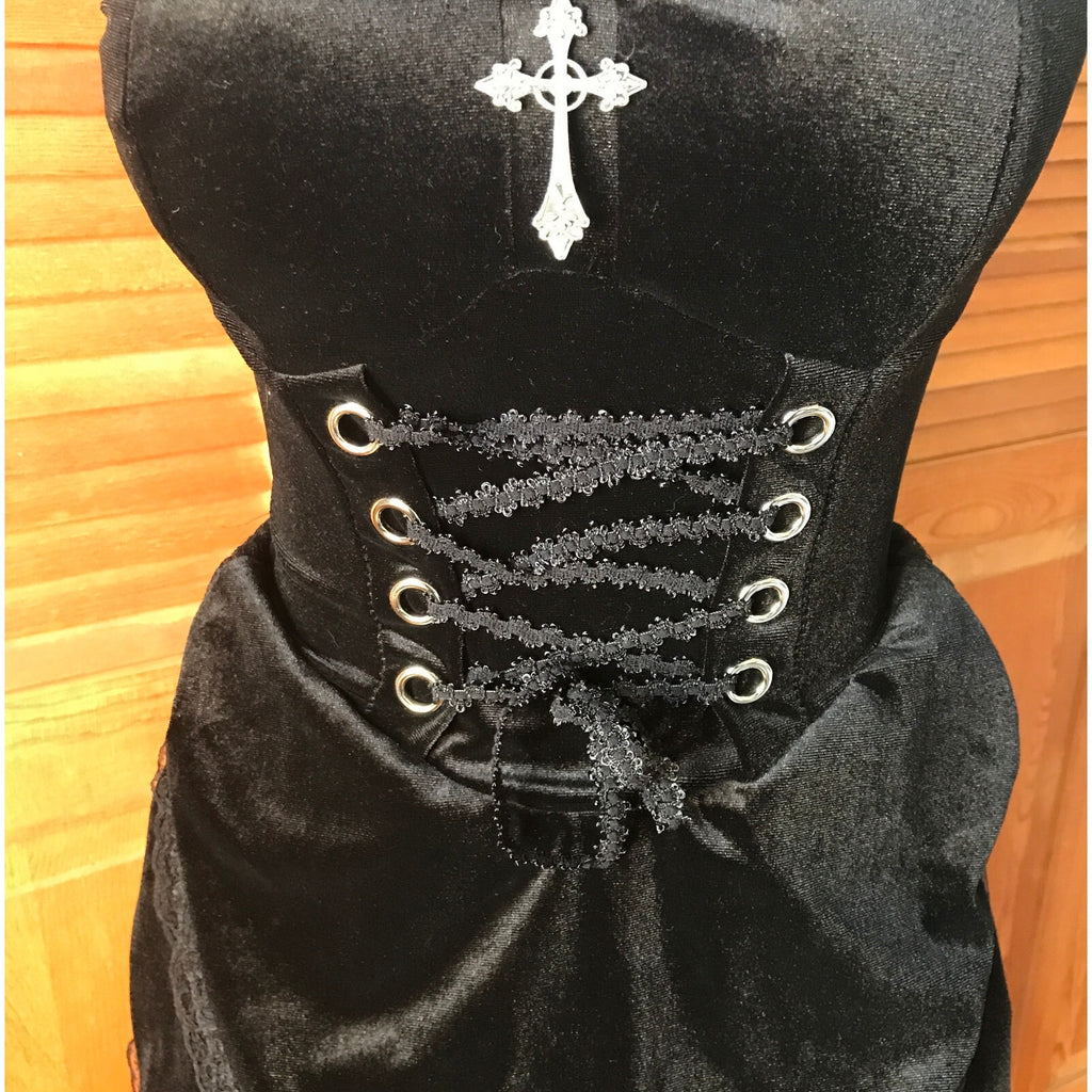 Gothic Victorian Torture Petals Black Velvet High Low Lace-Up Gown Dress S
