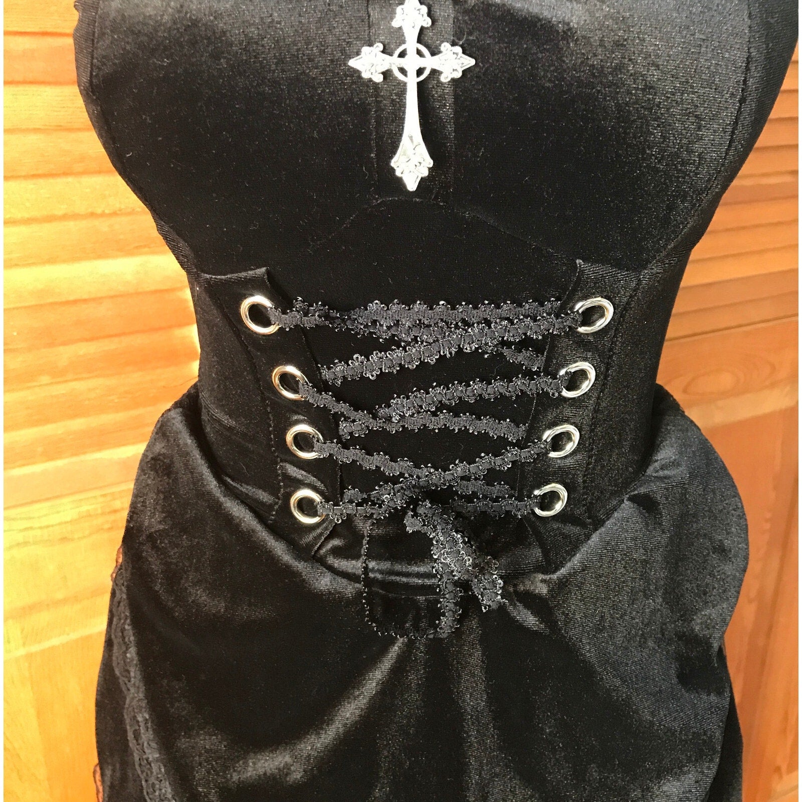 Gothic Victorian Torture Petals Black Velvet High Low Lace-Up Gown Dress S