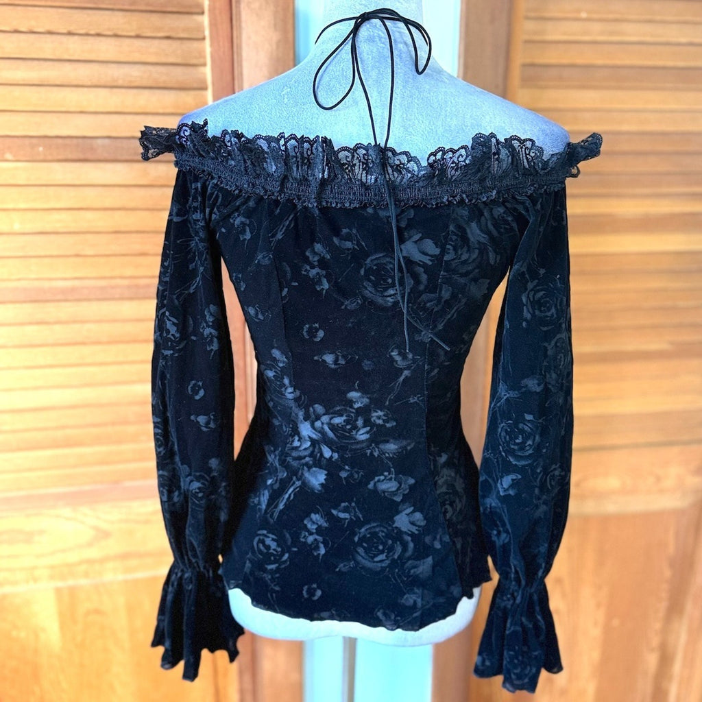 Devil Fashion Gothic Victorian Vampire Black Velvet Rose & Lace Beaded Top