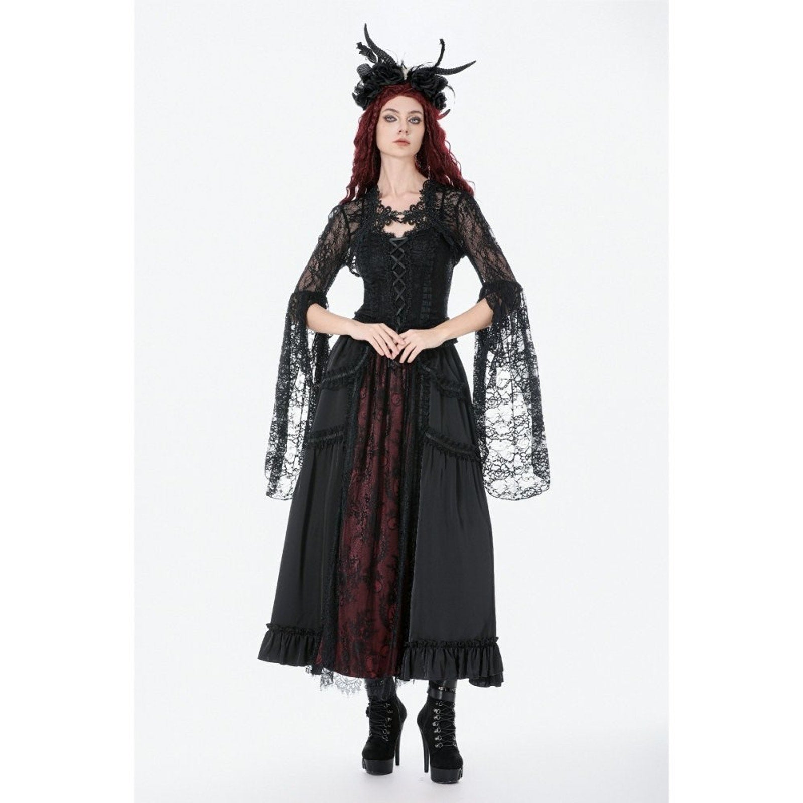 Dark in Love Gothic Victorian Vampire Vkei Black & Red Satin Ruffle Lace Skirt