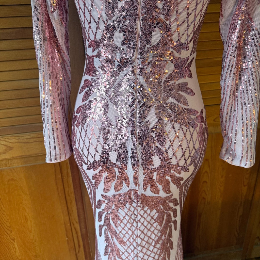 Pink Sequins Fairycore Mermaidcore Disco Diva Bodycon 1930s 1970s Dress Gown XS