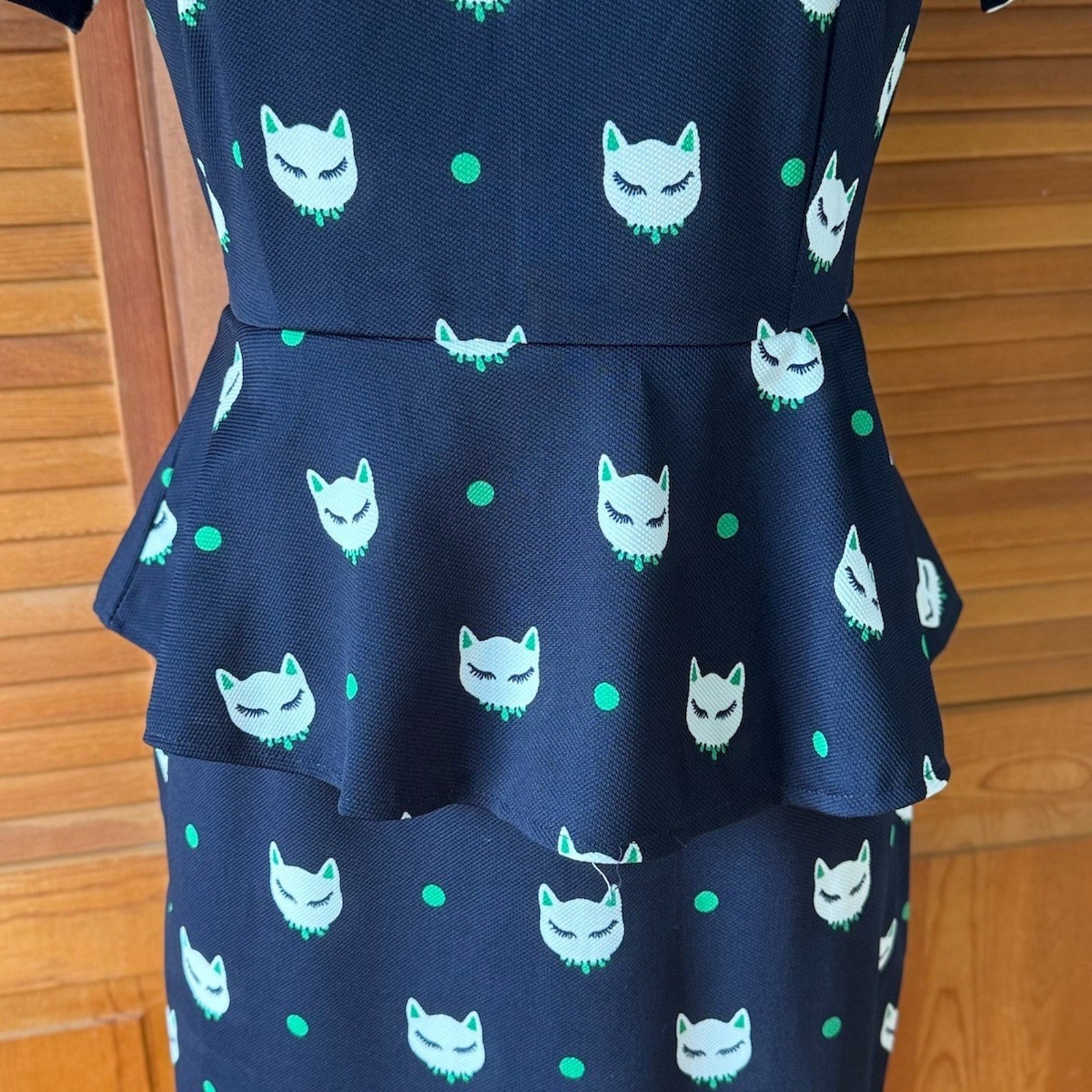Vintage Retro Navy Blue Elegant Kitty Cat Peplum Dress M