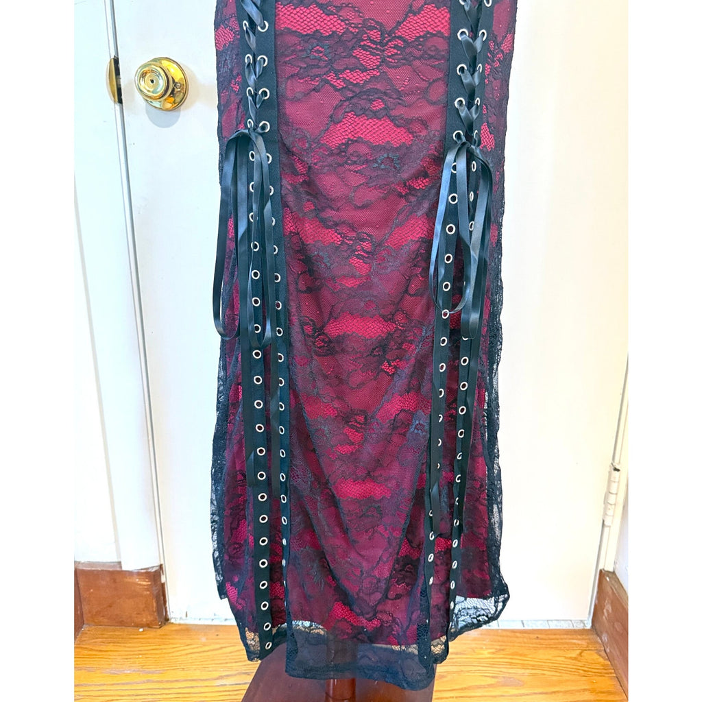 Gothic Victorian Vampire Lace Me Up Red Black Lace Over Long Gown Dress S