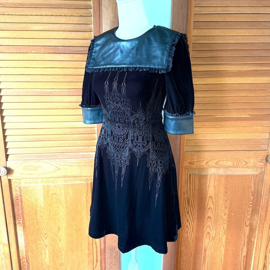 Killstar Gothic Victorian Black Velvet Faux Leather Collar Castle Dress XS