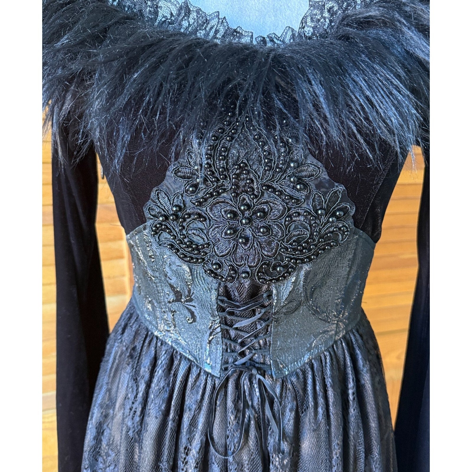 Devil Fashion Gothic Victorian The Beast Inside Black Velvet Lace & Fur Dress