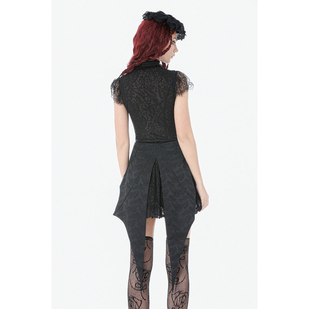 Dark in Love Gothic Victorian Vampire Black Brocade & Lace Swallow Tail Skirt