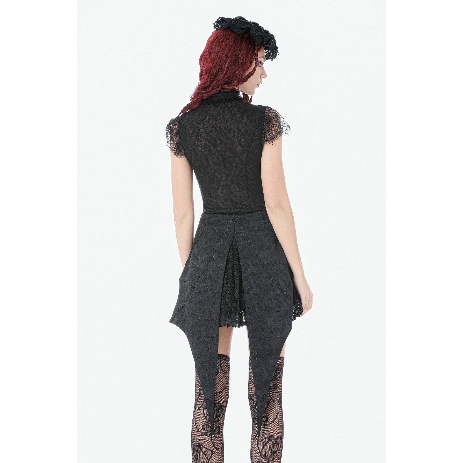 Dark in Love Gothic Victorian Vampire Black Brocade & Lace Swallow Tail Skirt