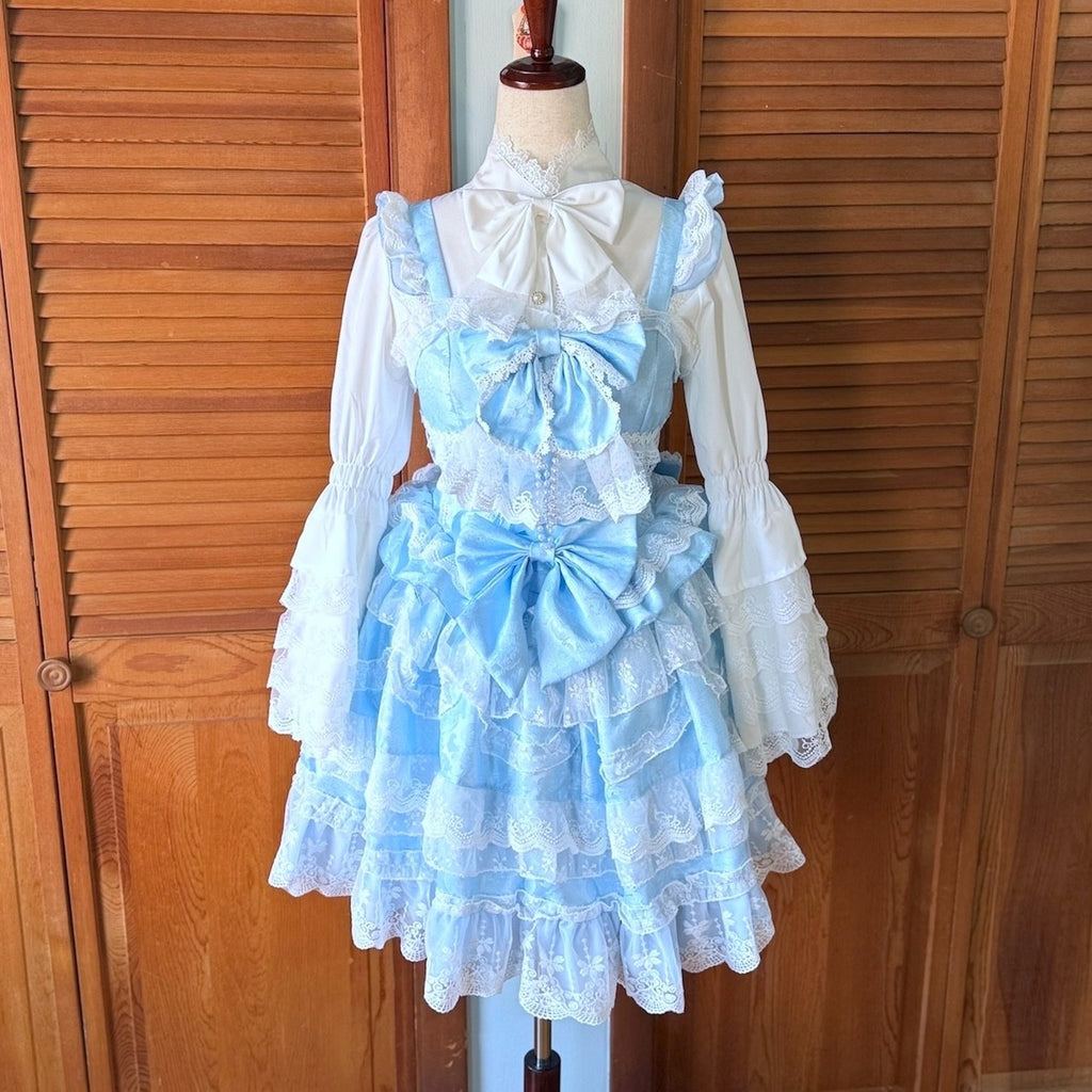 Sweet Lolita Alice in Wonderland Blue White JSK Shirt Petticoat Outfit Dress