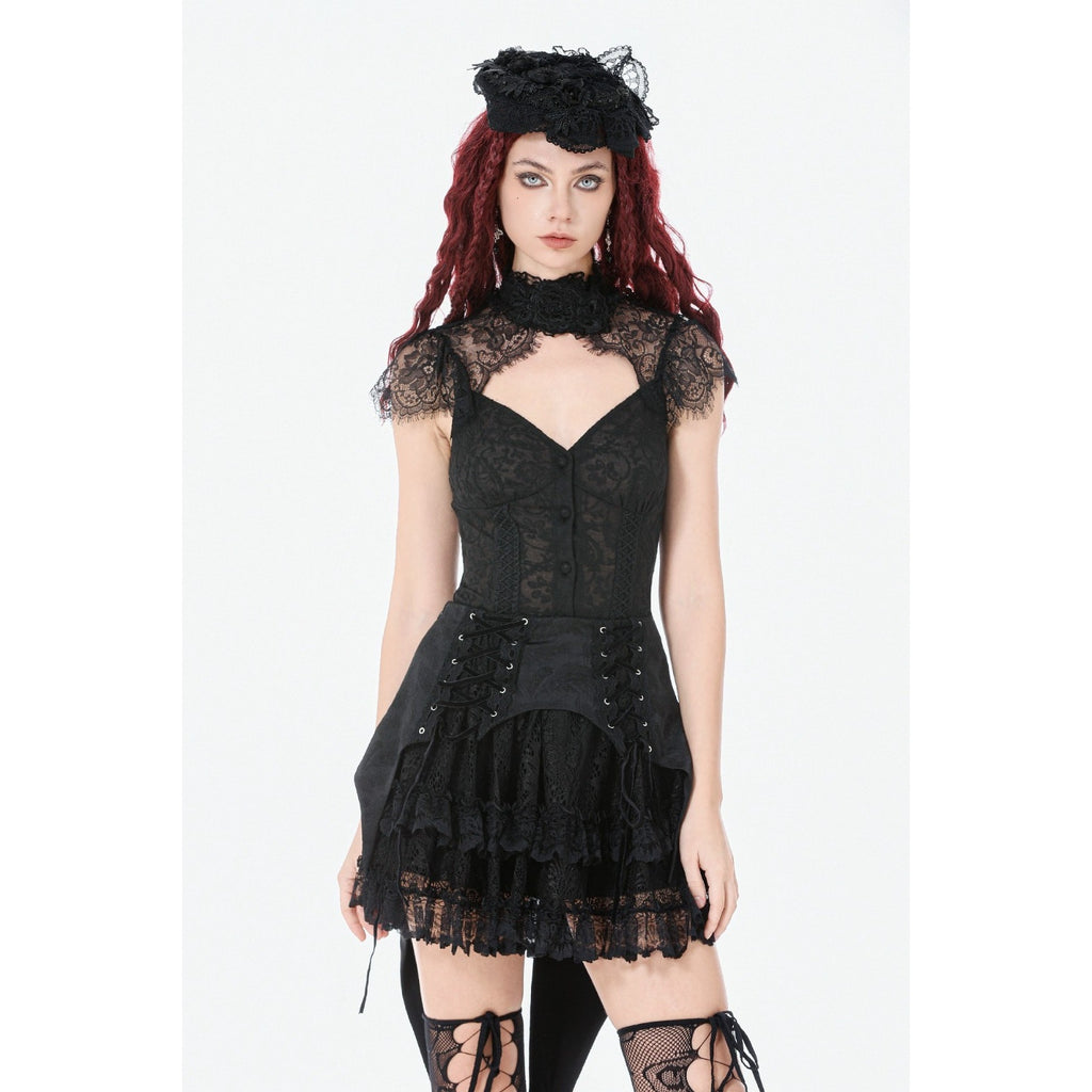Dark in Love Gothic Victorian Vampire Black Brocade & Lace Swallow Tail Skirt
