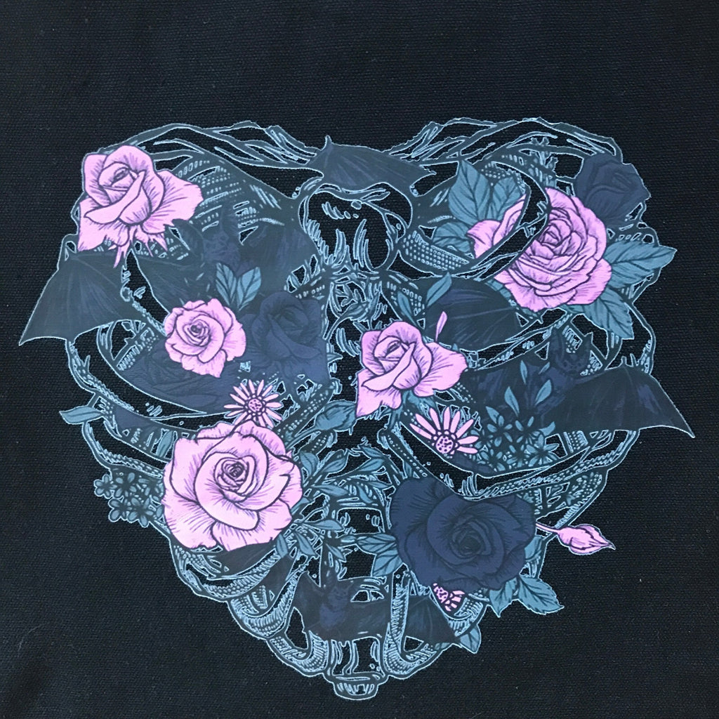 Garden Goth Gothic Lolita EGL Punk Pink & Black Rose Heart Bat Black Tote Bag