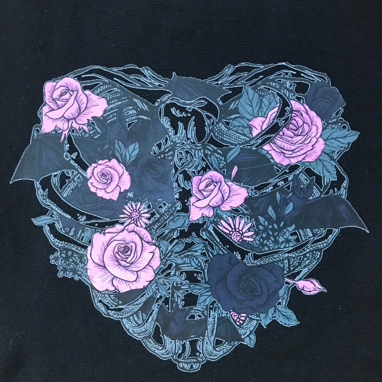 Garden Goth Gothic Lolita EGL Punk Pink & Black Rose Heart Bat Black Tote Bag