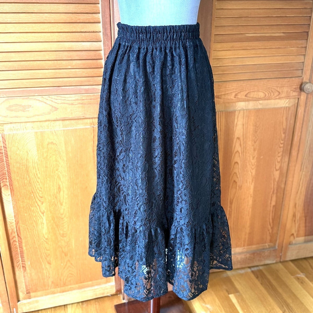 Axes Femme J-fashion Gyaru Himekaji Goth EGL Dollcore Black Lace Midi Skirt S-M