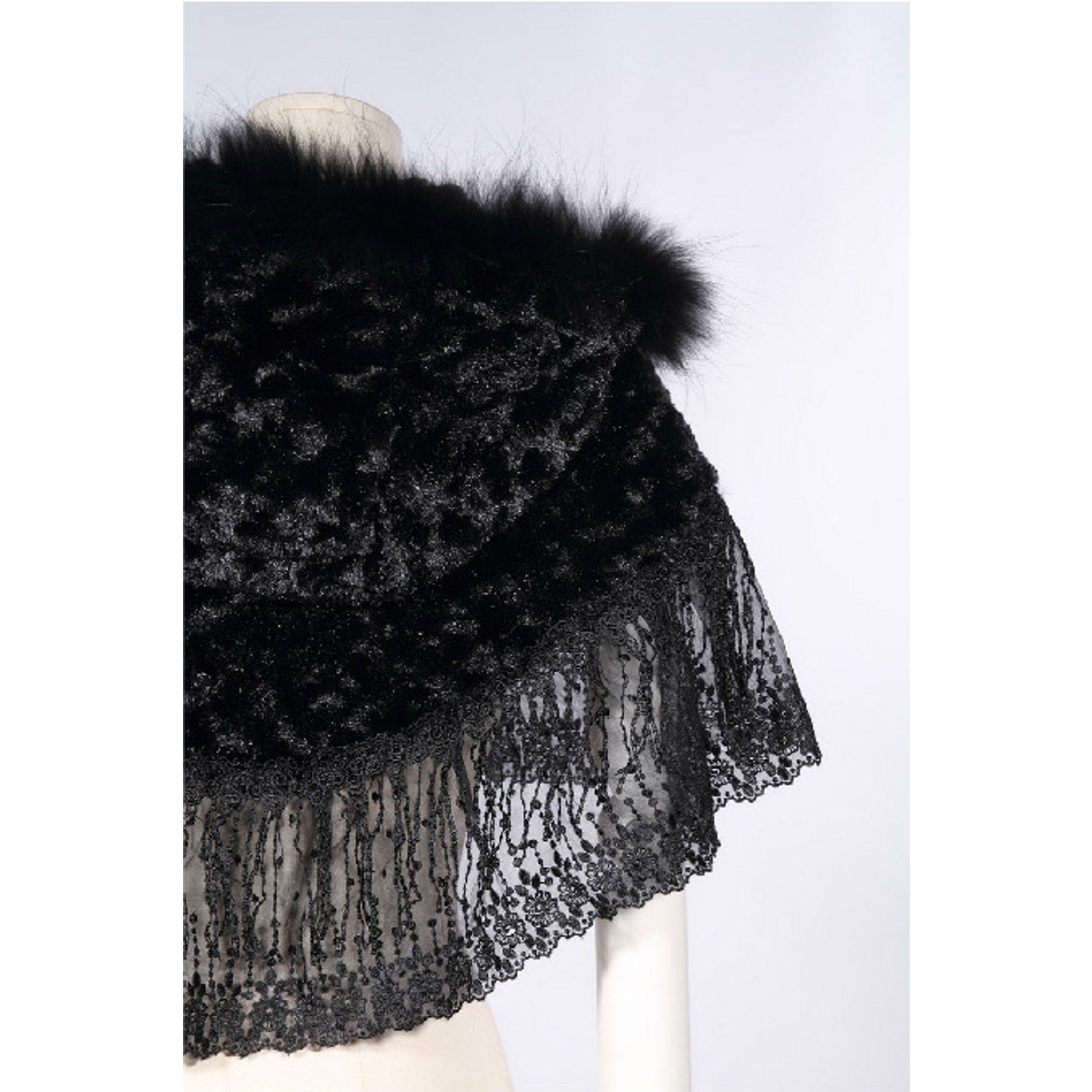 Gothic Lolita Steampunk Victorian Adorable Plush Fur & Lace Black Hooded Cape