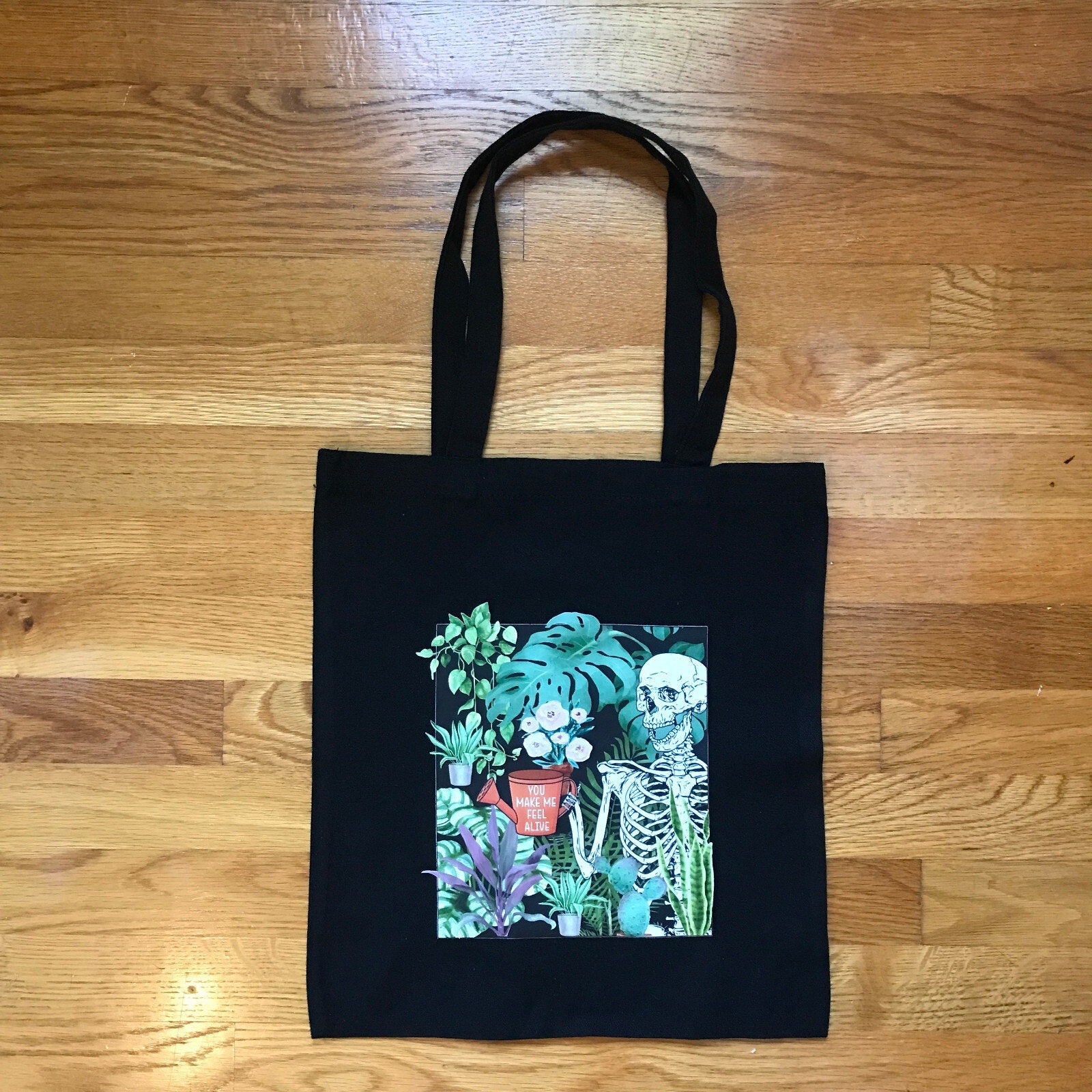 Garden Goth Punk Alive Black Skeleton Watering Flowers Canvas Tote Back