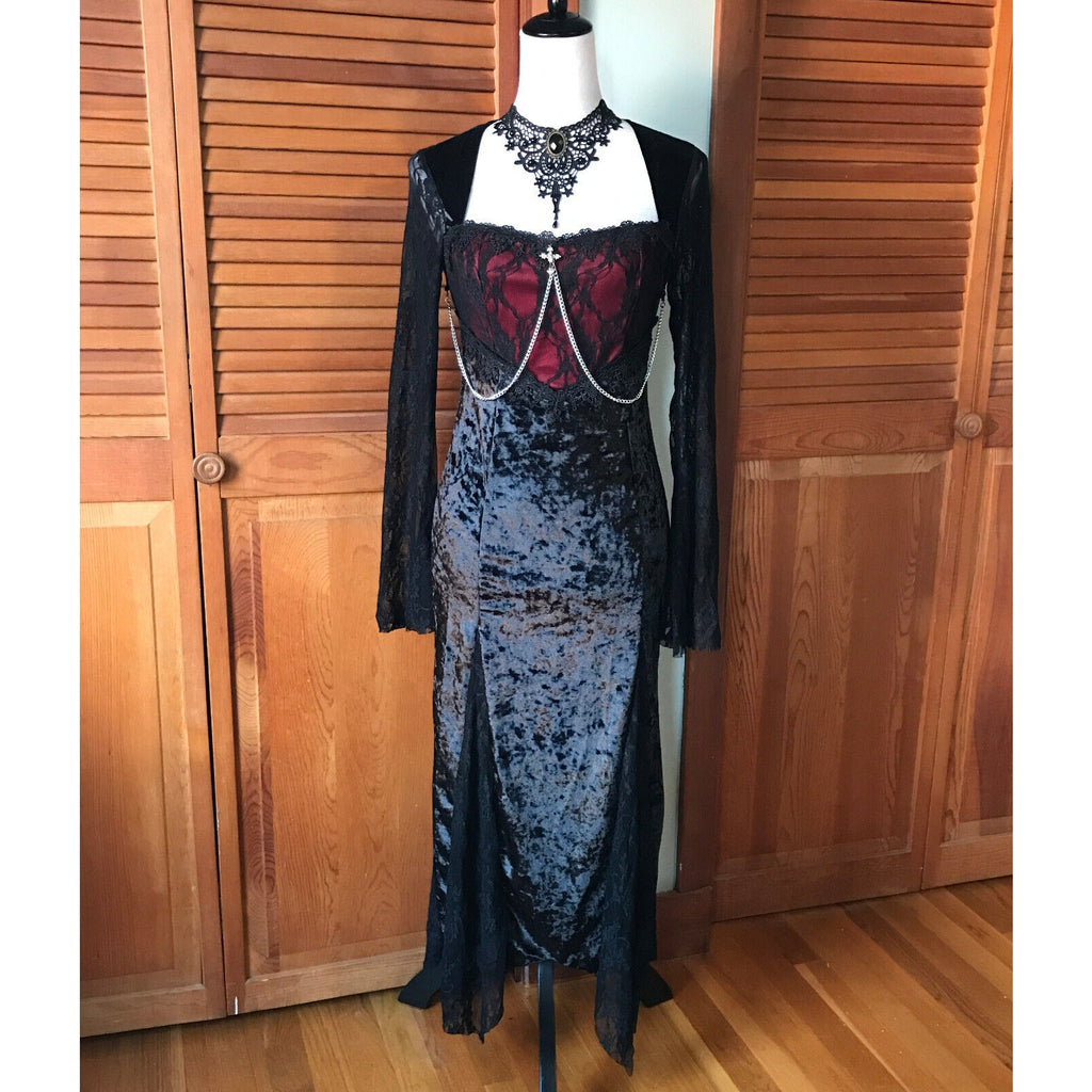 Gothic Victorian Scarlet Dreams Black Velvet & Lace Chain Cross Gown Dress