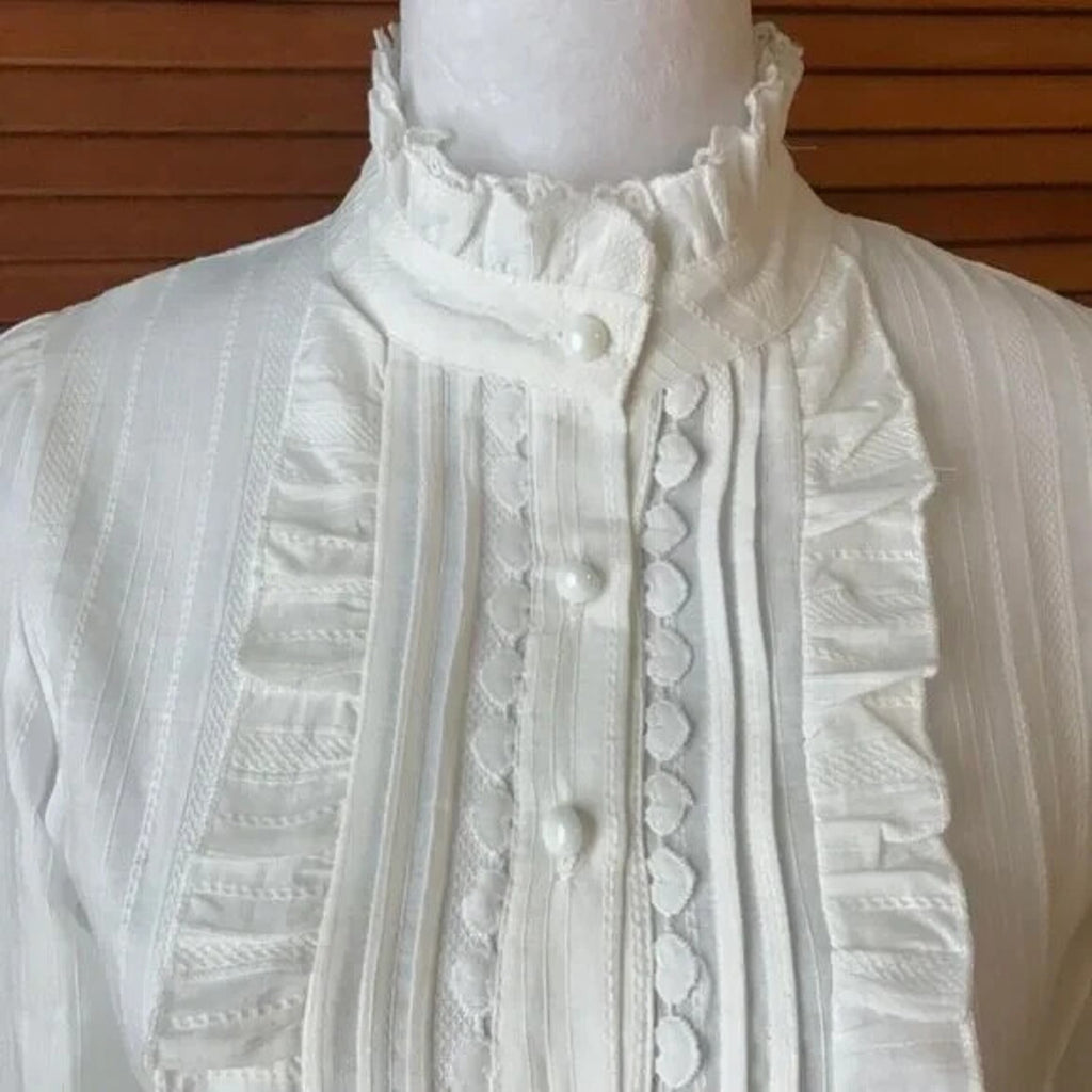 Gothic Lolita Victorian Ivory White Heart Trim Lace Up Sleeves Shirt w/ Bow L
