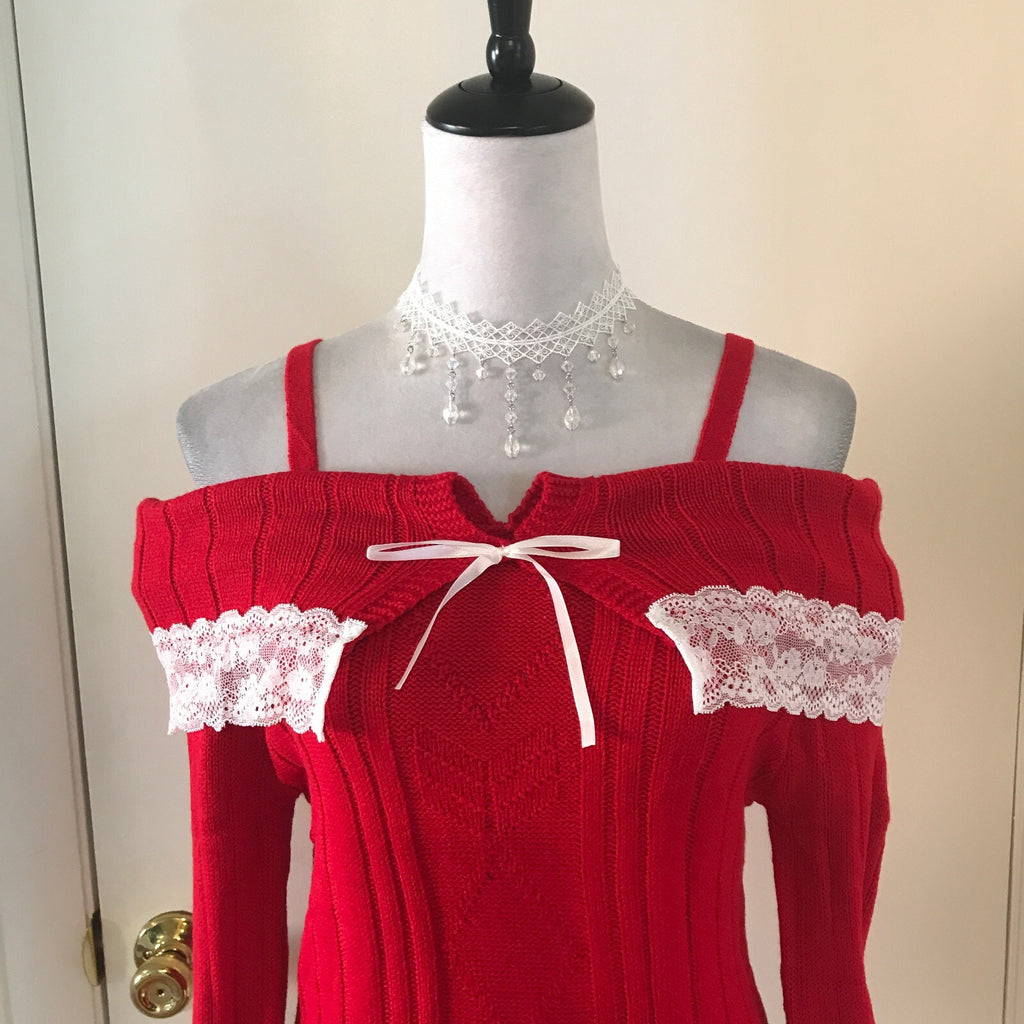 Victorian Lolita Kawaii J-fashion Red Fold-Over White Lace Sweater S
