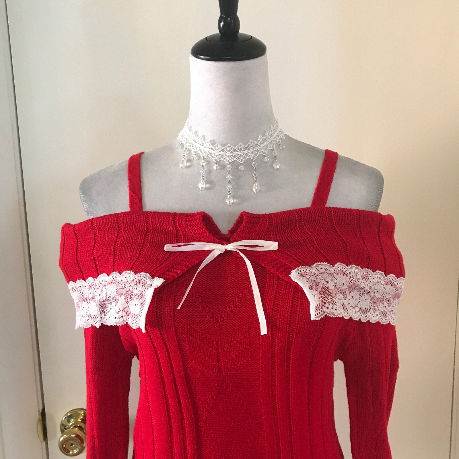 Victorian Lolita Kawaii J-fashion Red Fold-Over White Lace Sweater S