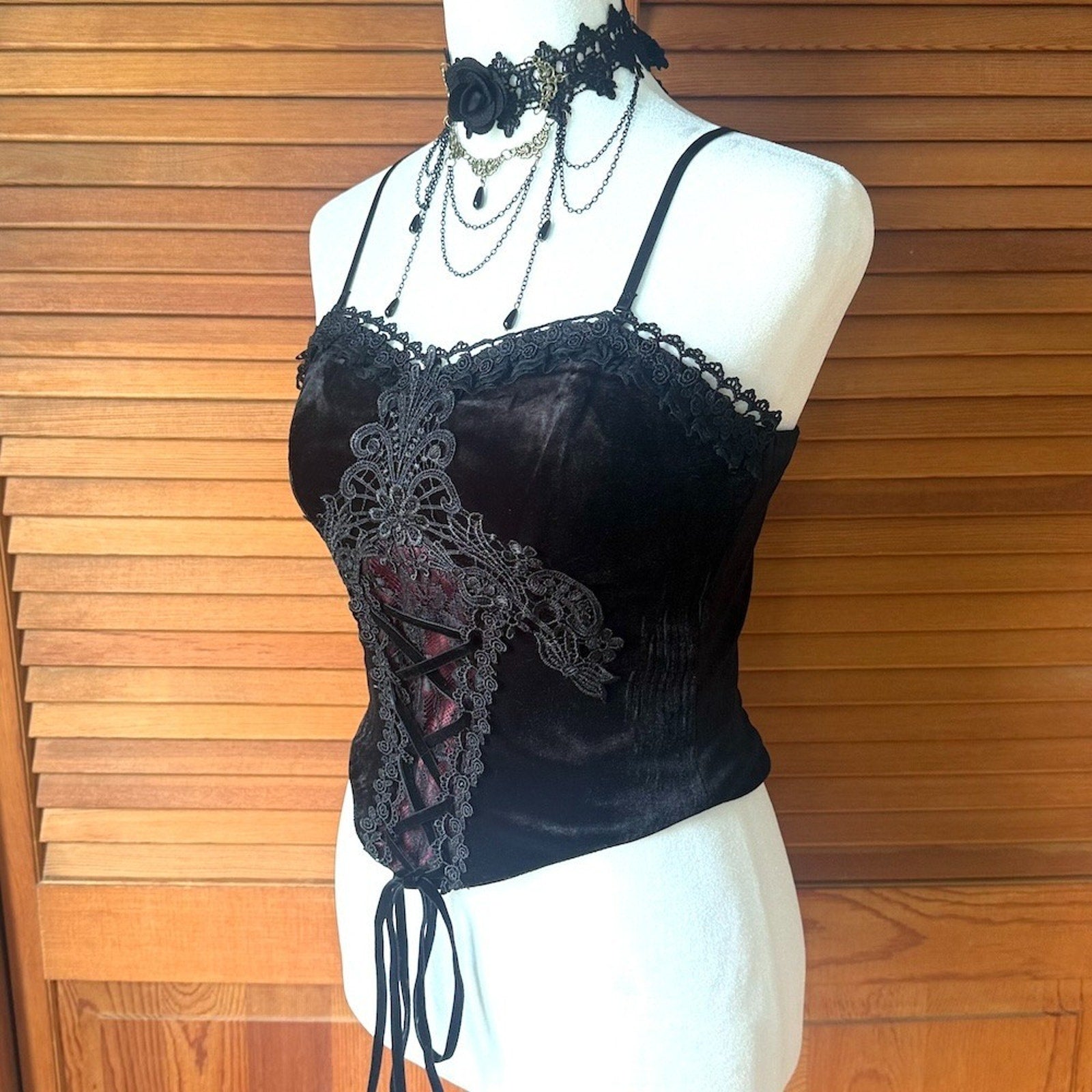 Dark in Love Gothic Victorian Blood Offering Black Red Velvet & Lace Cami Top