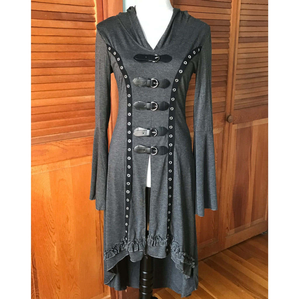 Goth Punk Emo Witchy Y2K Hooded Gray Buckle High-Low Duster Jacket Top Dress S