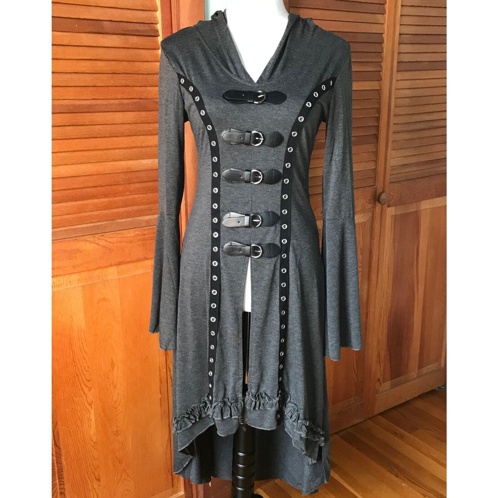Goth Punk Emo Witchy Y2K Hooded Gray Buckle High-Low Duster Jacket Top Dress S