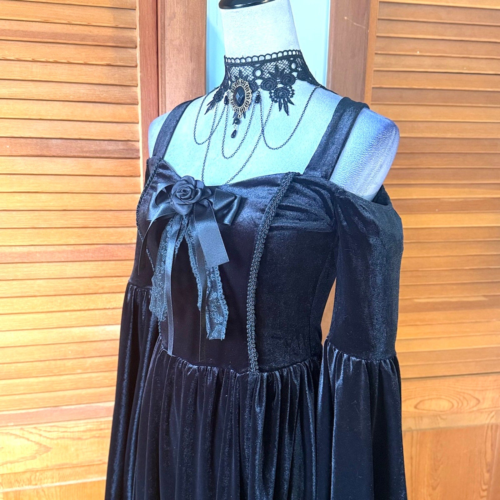 Gothic Victorian Black Out Velvet Morticia Belle Sleeve Rose Y2K Dress