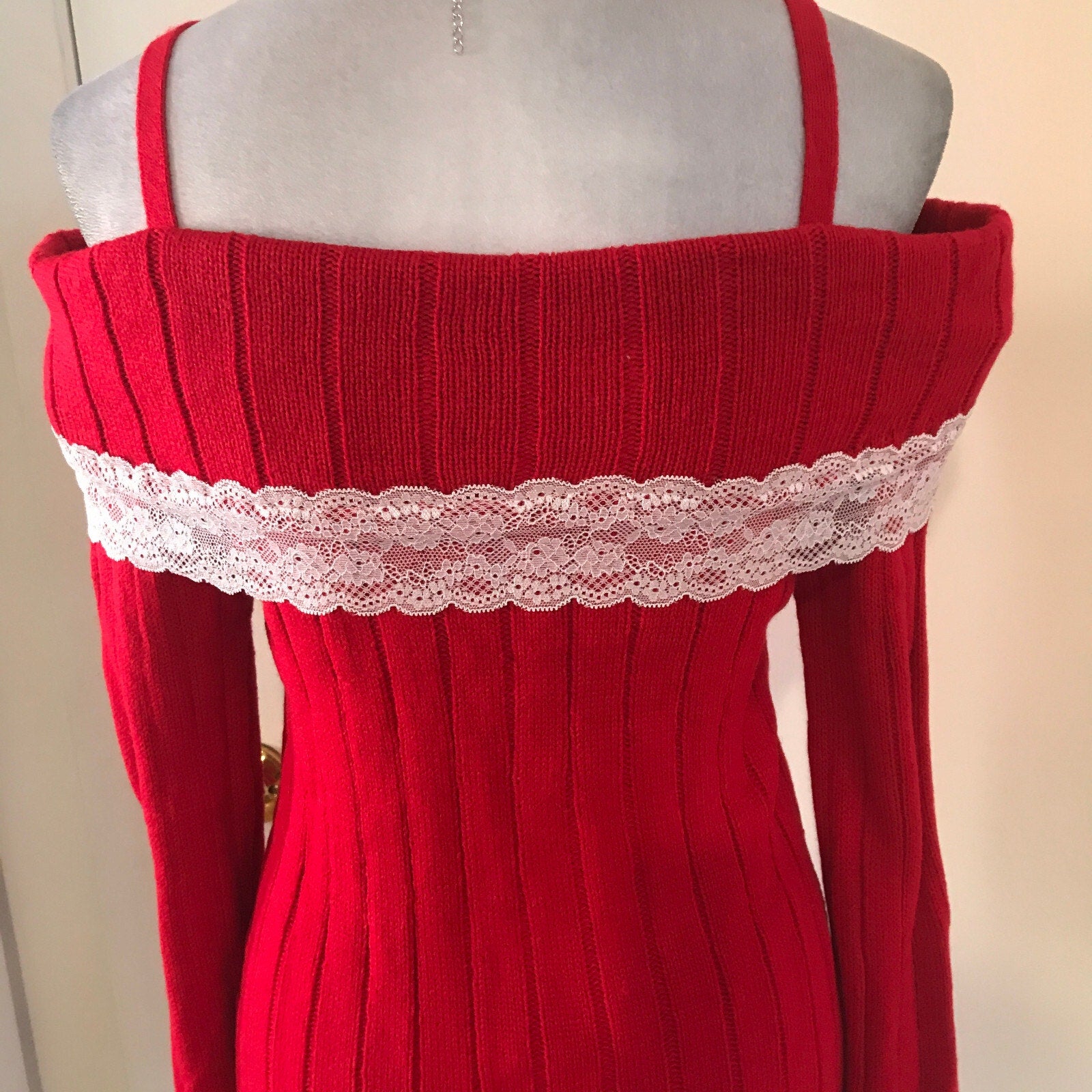 Victorian Lolita Kawaii J-fashion Red Fold-Over White Lace Sweater S