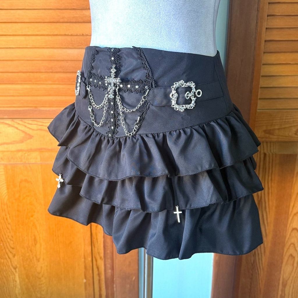 Punk Goth Emo Lolita Chain Cross & Buckle Black Ruffle Mini Skirt