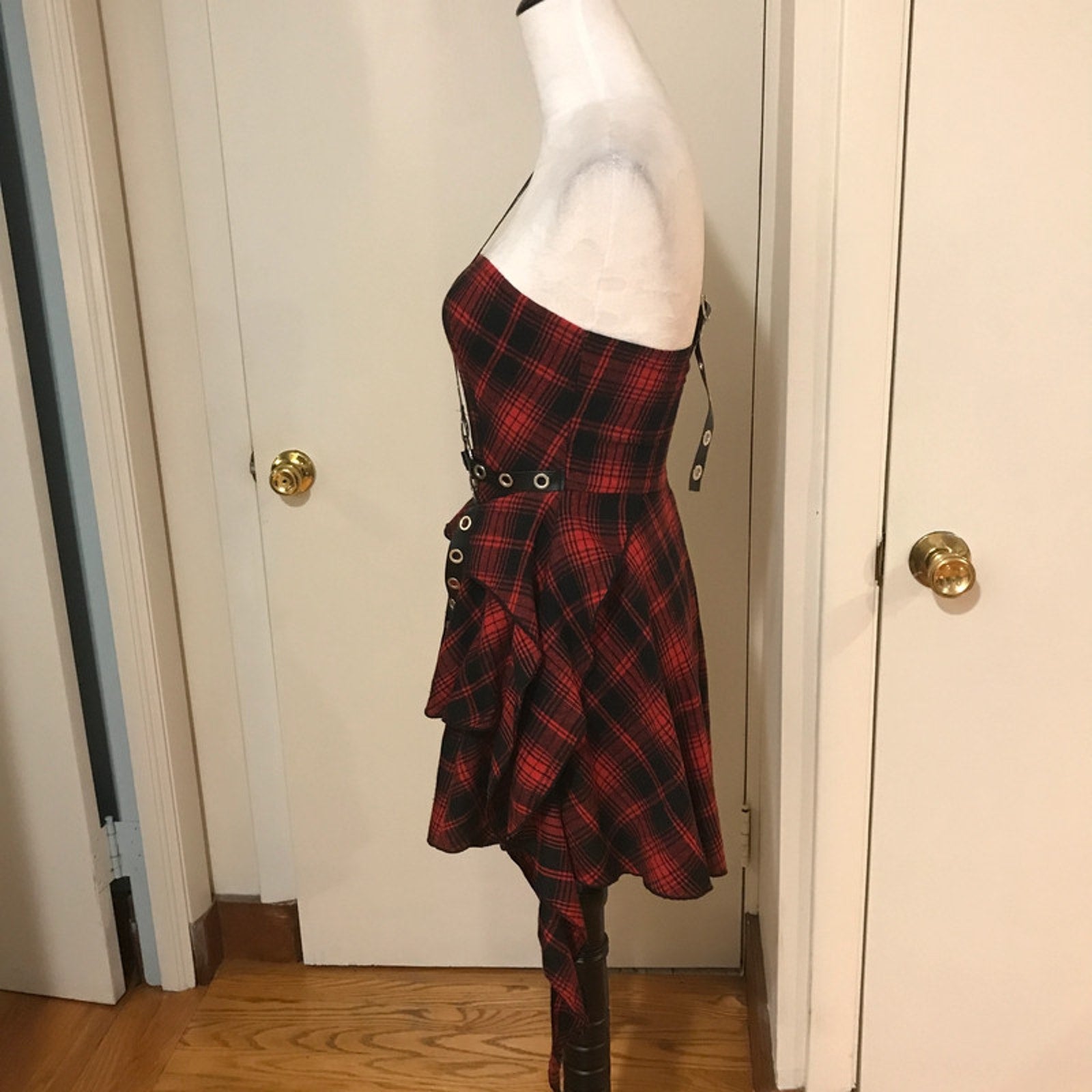Punk Goth Visual Kei Red Plaid Tartan Pixie Hem Shoulder Strap Dress S