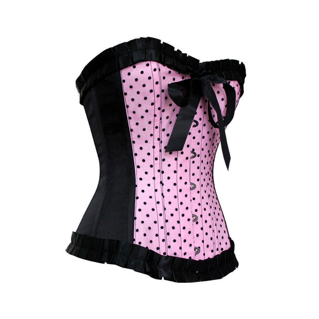 Gothic Lolita Victorian Heavy Steel Boned Pink Black Polka Dot Bow Corset