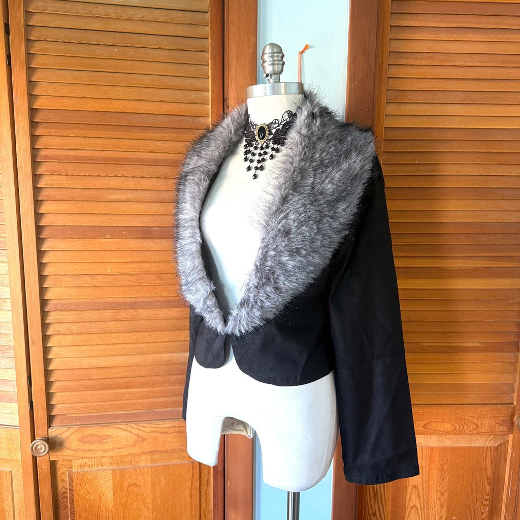 Goth Punk Vampire Werewolf Unleashed Black Gray Faux Fur Collar Fall Jacket