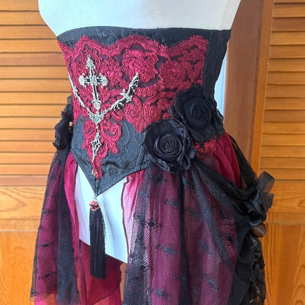 Devil Fashion Gothic Victorian Vampire Red Black Rose Cross Cincher Overskirt