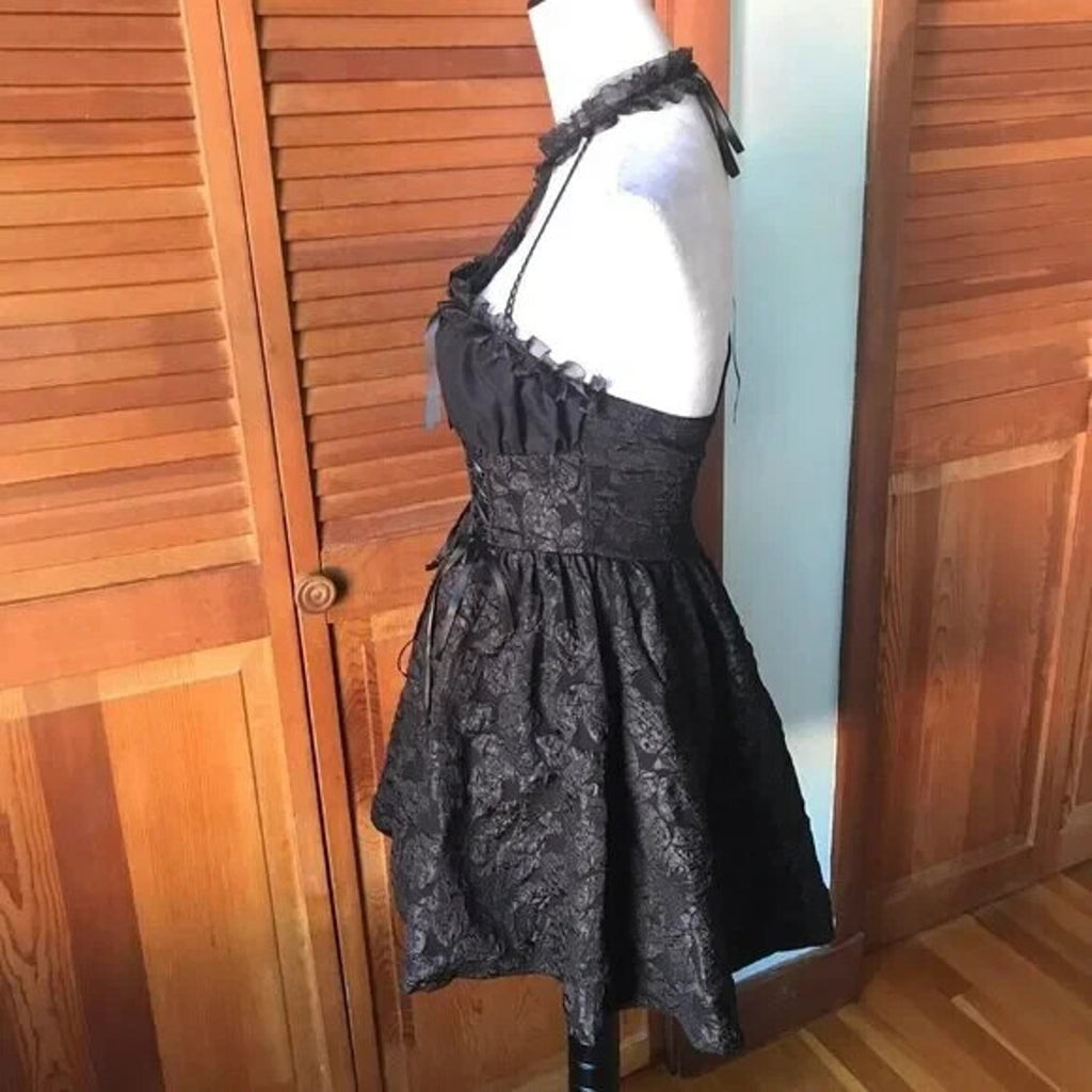 Gothic Lolita EGL Dark Fairycore Visual Kei Black Cross Lace Choker Mini Dress