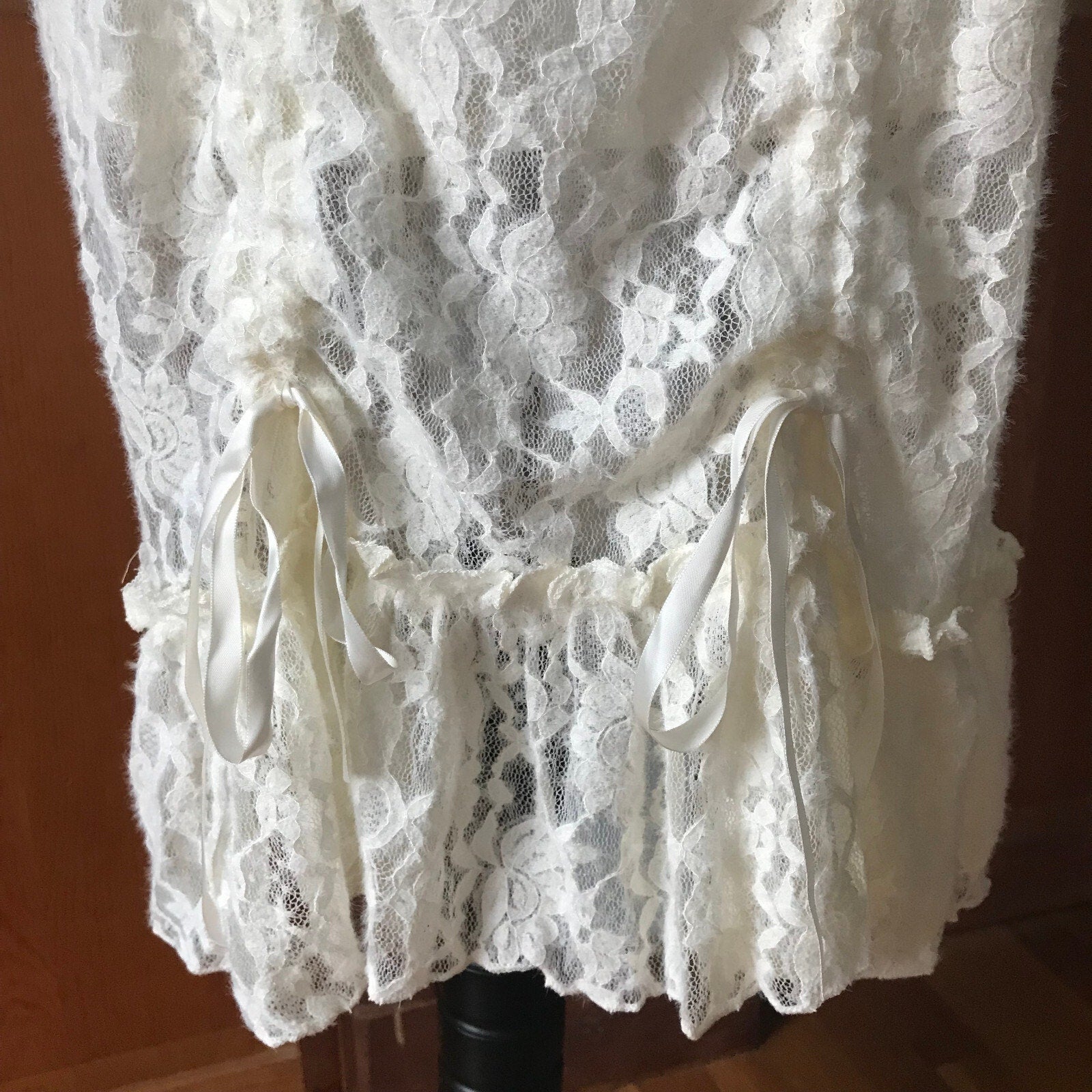 Victorian Whimsigoth Cottage Coquette Fuzzy Ivory White Lace Gathered Skirt