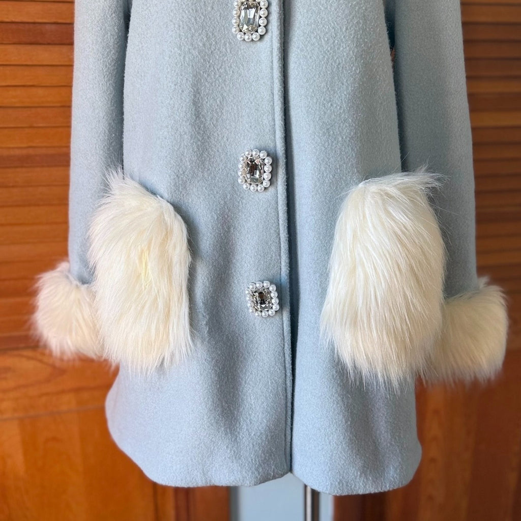 Swankiss J-Fashion Kawaii Jirai Kei White Faux Fur Blue Wool Blend Pea Coat M-L