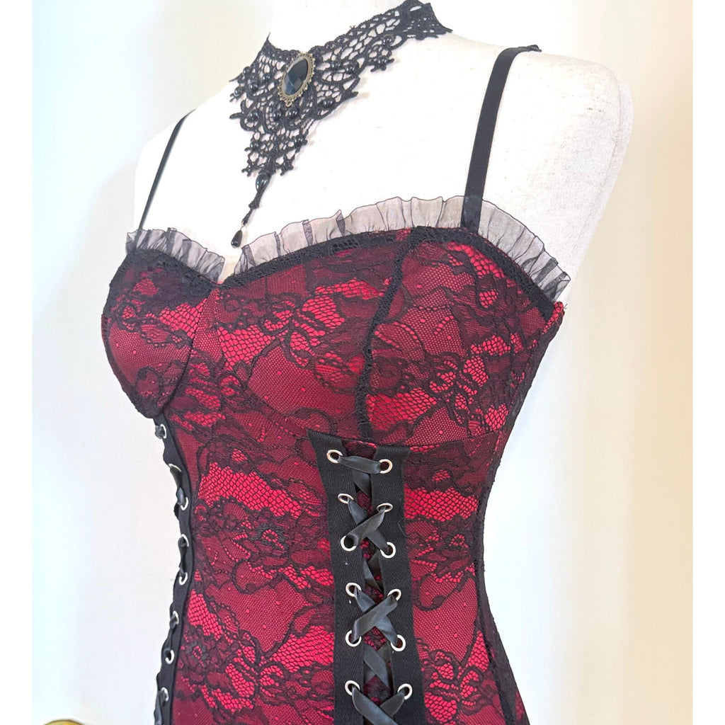 Gothic Victorian Vampire Lace Me Up Red Black Lace Over Long Gown Dress S