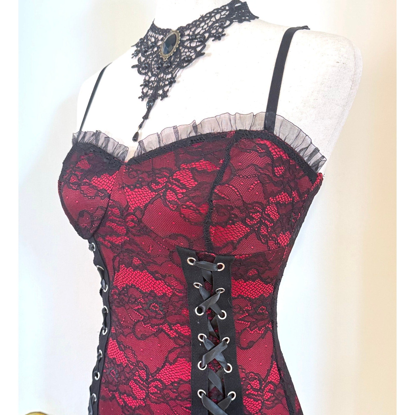 Gothic Victorian Vampire Lace Me Up Red Black Lace Over Long Gown Dress S