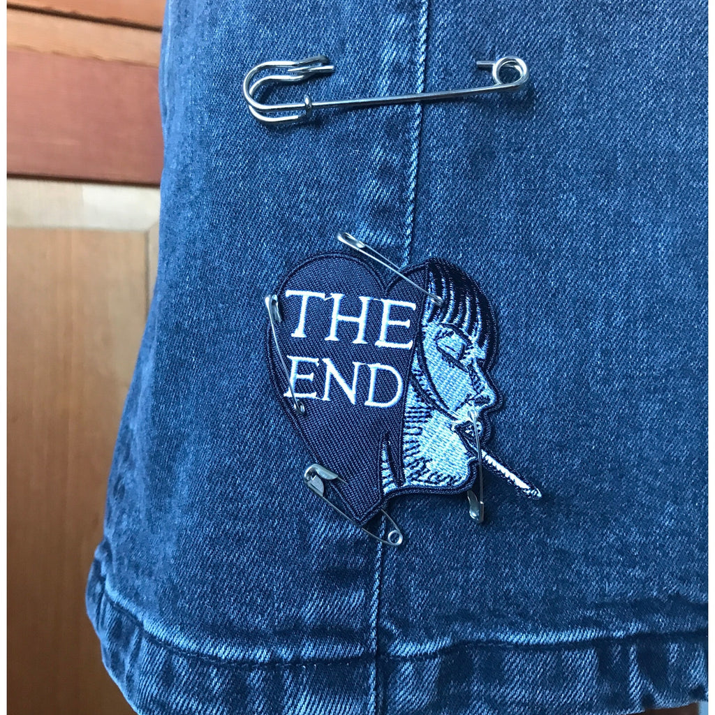 Punk Goth Dark Gray Denim Patches, Safety Pins & Chains Skirt XS 0