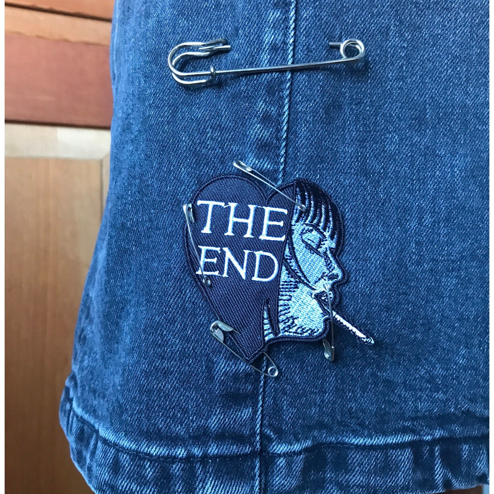 Punk Goth Dark Gray Denim Patches, Safety Pins & Chains Skirt XS 0