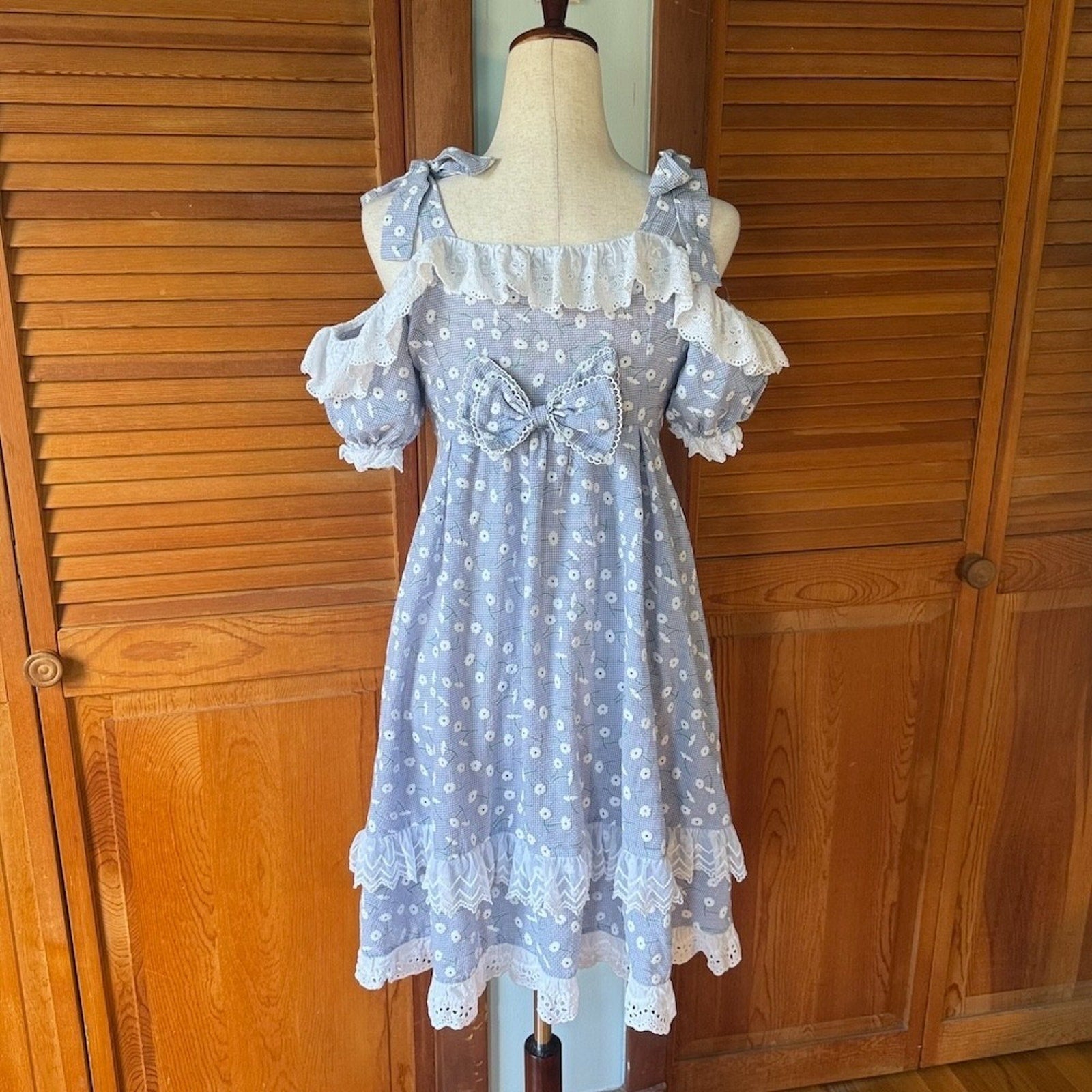 J-fashion Kawaii Lolita Cottagecore Blue White Daisy Bow Dolly Summer Dress S