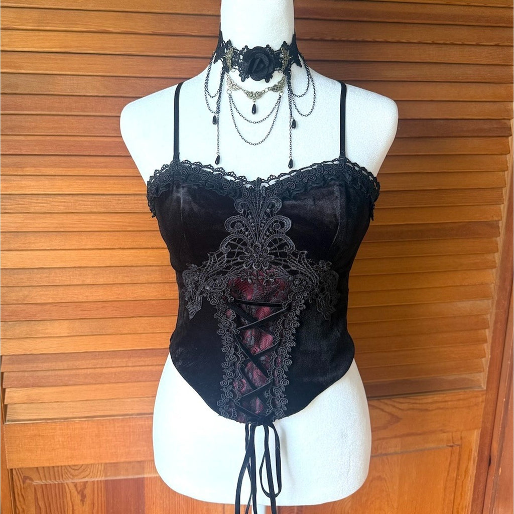 Dark in Love Gothic Victorian Blood Offering Black Red Velvet & Lace Cami Top