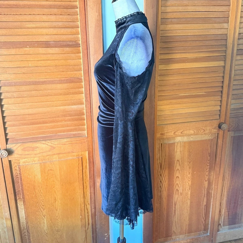 Gothic Victorian Vampire Dark Fairycore Velvet & Lace Bell Sleeve Mini Dress