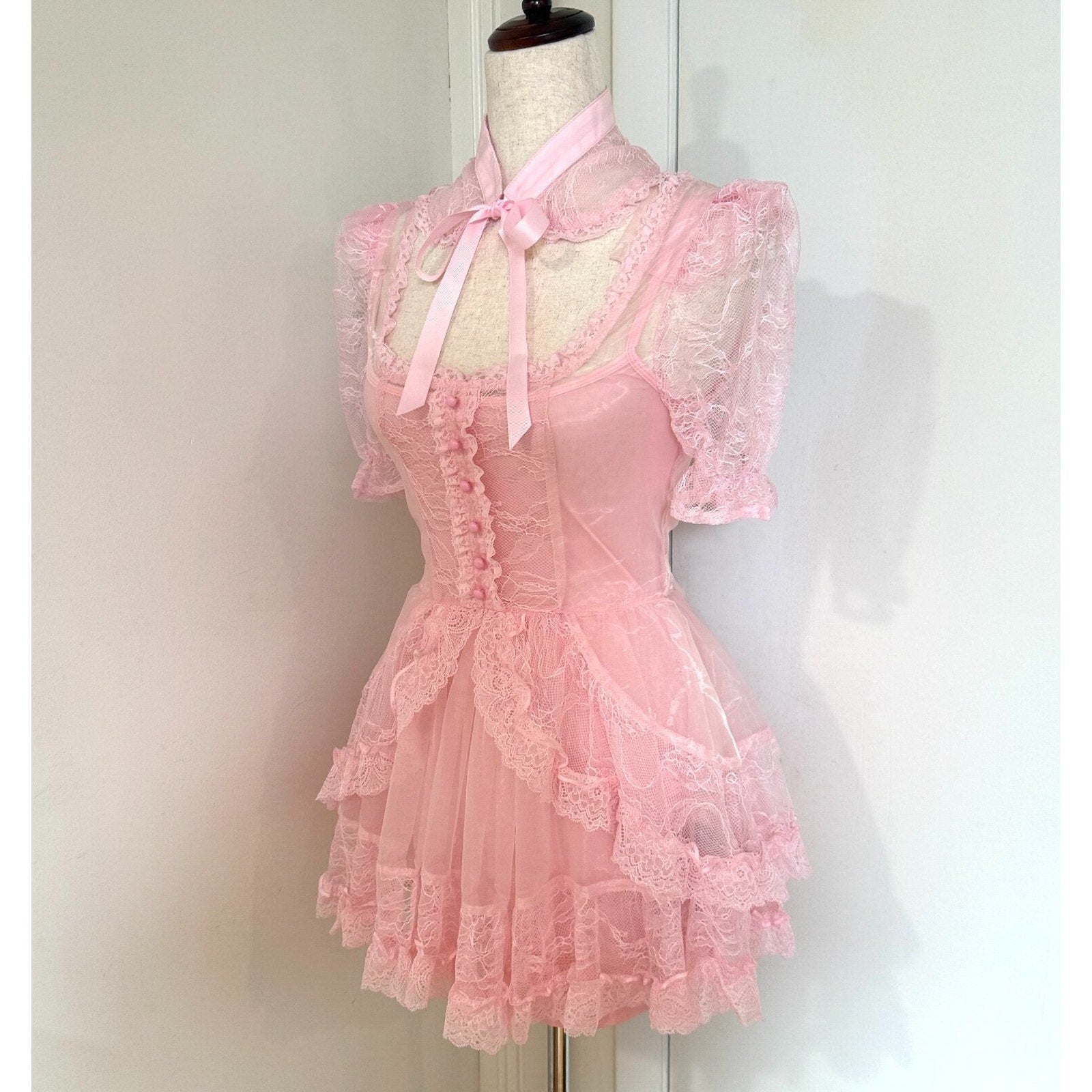 Dolls Kill Beguiling Princess Pink Organza & Lace Whimsigoth Dollcore Dress