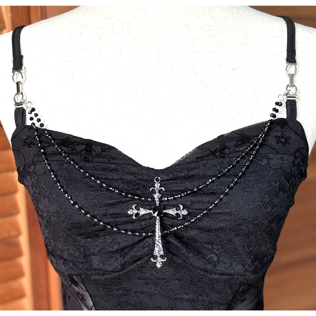 Gothic Lolita Victorian Vampire Vkei EGL Black Lace Cross & Chain Cami Top