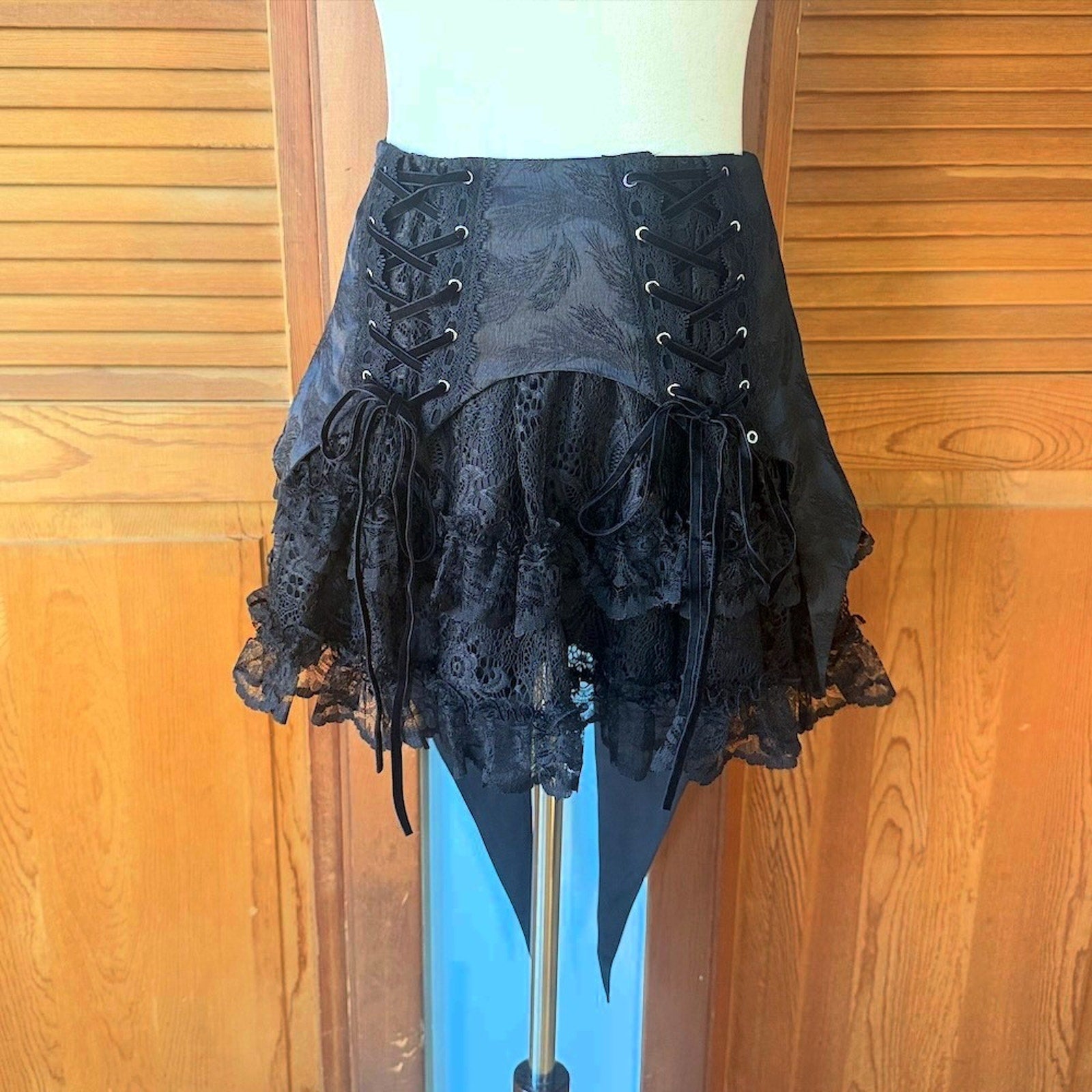 Dark in Love Gothic Victorian Vampire Black Brocade & Lace Swallow Tail Skirt
