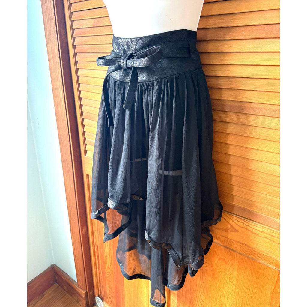 Punk Rave Gothic Victorian Steampunk Black Chiffon Faux Leather Skirt S-M