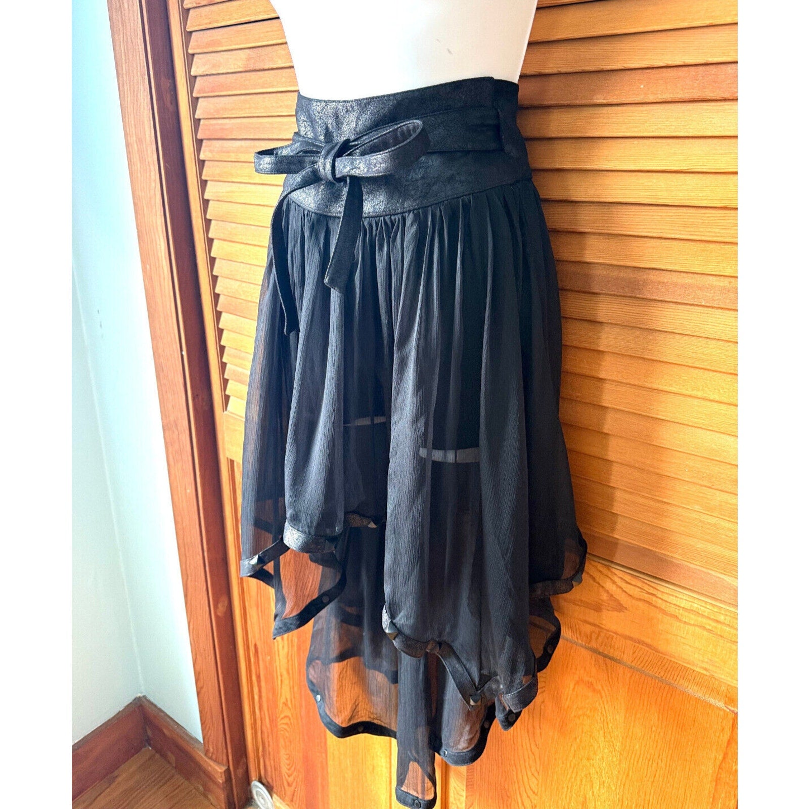 Punk Rave Gothic Victorian Steampunk Black Chiffon Faux Leather Skirt S-M