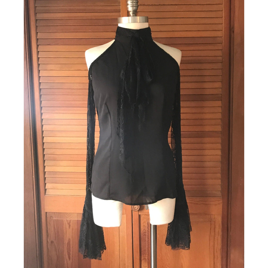 Vintage Lip Service Gothic Lolita Victorian Chiffon & Lace Open Shoulder Top M