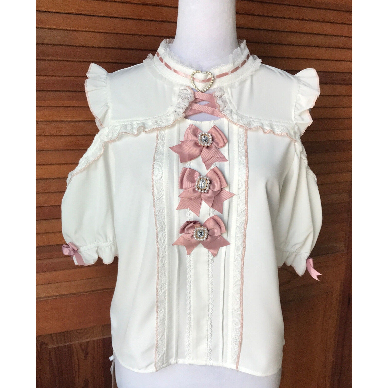 Lolita Kawaii J-fashion Jirai White Ivory Pink Bows Open Shoulder Blouse Top L