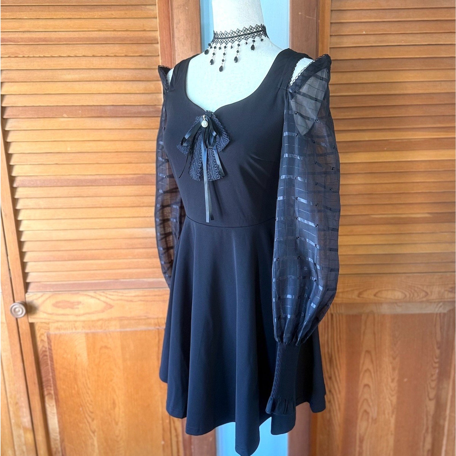 Punk Rave Gothic Lolita Dark Fairycore Black Transparent Sleeve Skater Dress M